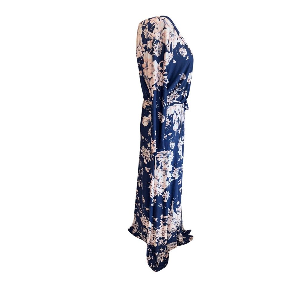 TriaTria Plus Size 1X Floral Navy Pink Maxi Wrap Dress 3/4 Sleeves Tie Waist - Picture 5 of 11